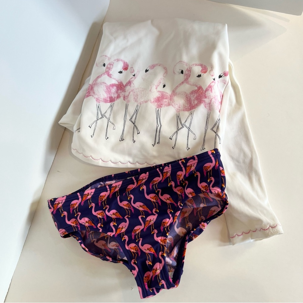 Land’s End Girls Flamingo Long Sleeve Swim Set Rashguard